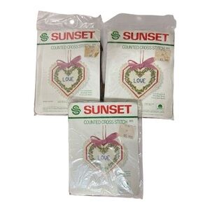 Sunset Designs "Love" Cross Stitch Christmas Ornament Kit Set of 3 NIP